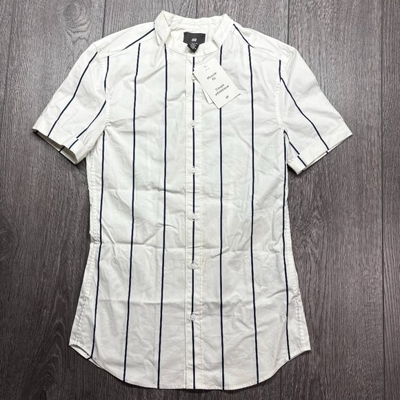 H&M Muscle Fit Striped Button Shirt White Collarless New NWT - Picture 1 of 8